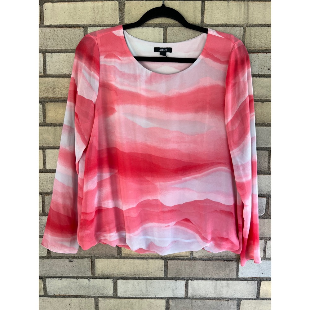 Alfani Pink White Watercolor Abstract Long Sleeve Blouson Blouse Size Medium